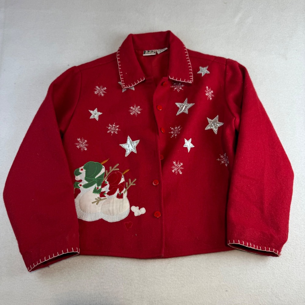 Take Two Clothing Co Womens Red Wool Blend Snowman Star Festive Jacket Large